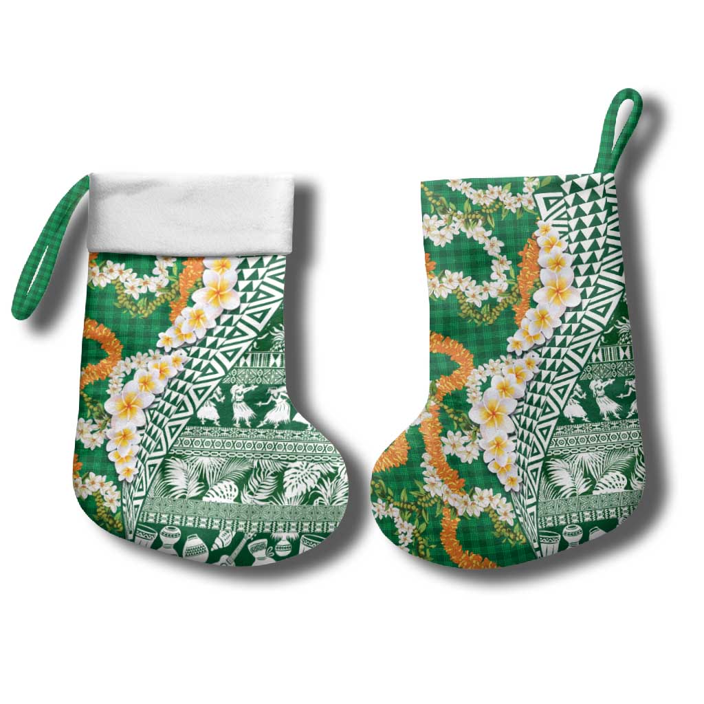 Hawaiian Plumeria Lei Christmas Stocking Kakau Motifs and Palaka Half Style Green Color - Polynesian Pride