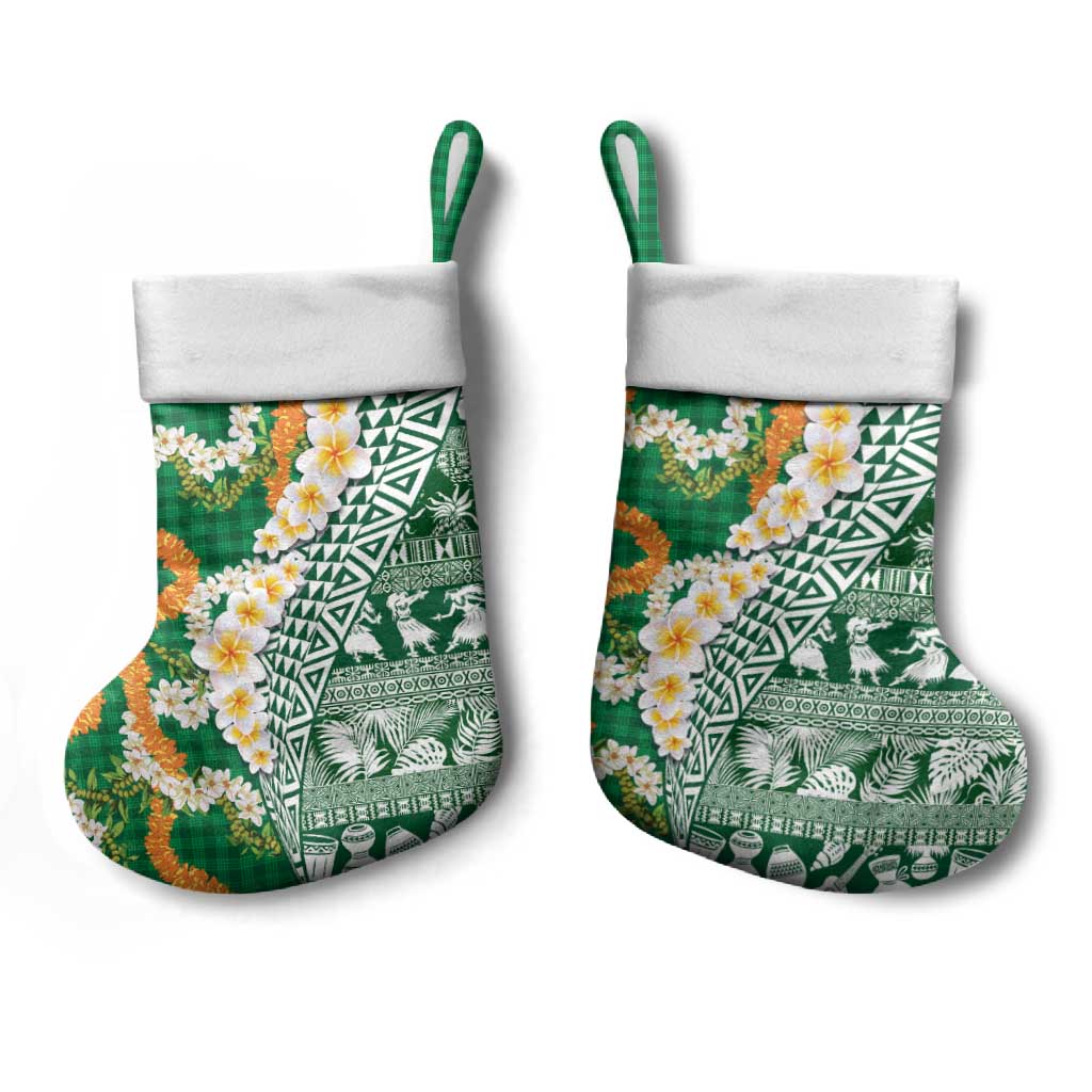 Hawaiian Plumeria Lei Christmas Stocking Kakau Motifs and Palaka Half Style Green Color - Polynesian Pride