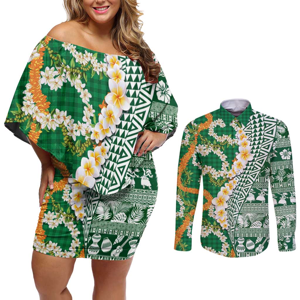 Hawaiian Plumeria Lei Couples Matching Off Shoulder Short Dress and Long Sleeve Button Shirt Kakau Motifs and Palaka Half Style Green Color - Polynesian Pride