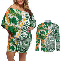 Hawaiian Plumeria Lei Couples Matching Off Shoulder Short Dress and Long Sleeve Button Shirt Kakau Motifs and Palaka Half Style Green Color - Polynesian Pride