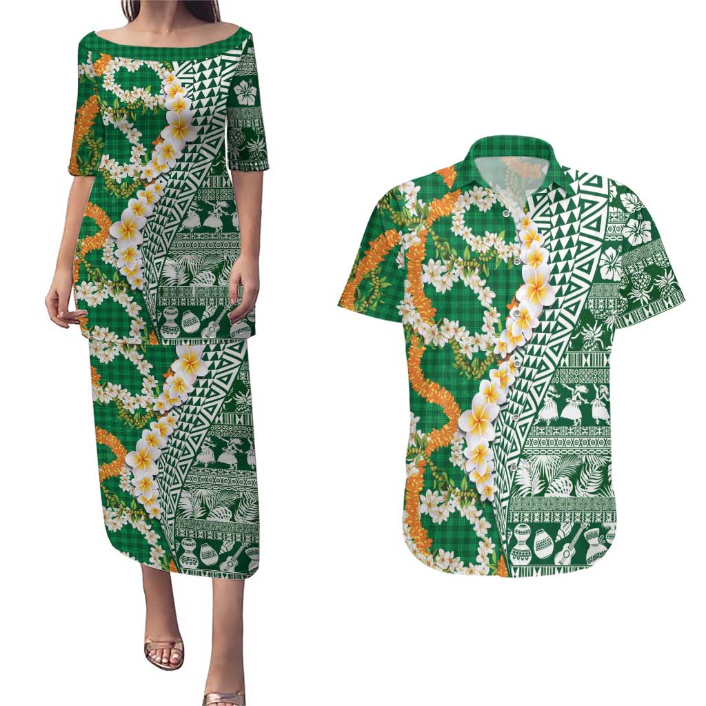 Hawaiian Plumeria Lei Couples Matching Puletasi and Hawaiian Shirt Kakau Motifs and Palaka Half Style Green Color - Polynesian Pride