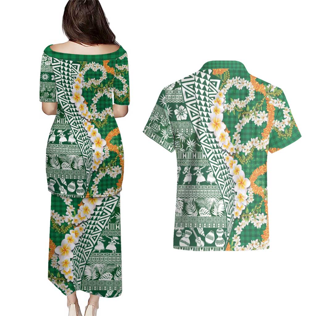 Hawaiian Plumeria Lei Couples Matching Puletasi and Hawaiian Shirt Kakau Motifs and Palaka Half Style Green Color - Polynesian Pride