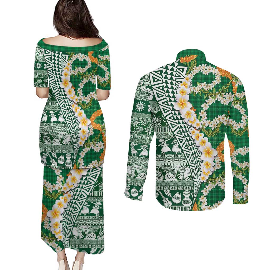 Hawaiian Plumeria Lei Couples Matching Puletasi and Long Sleeve Button Shirt Kakau Motifs and Palaka Half Style Green Color - Polynesian Pride