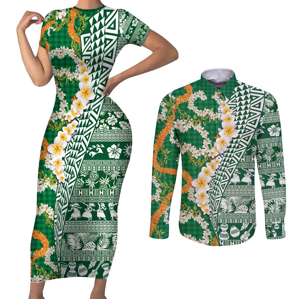 Hawaiian Plumeria Lei Couples Matching Short Sleeve Bodycon Dress and Long Sleeve Button Shirt Kakau Motifs and Palaka Half Style Green Color - Polynesian Pride