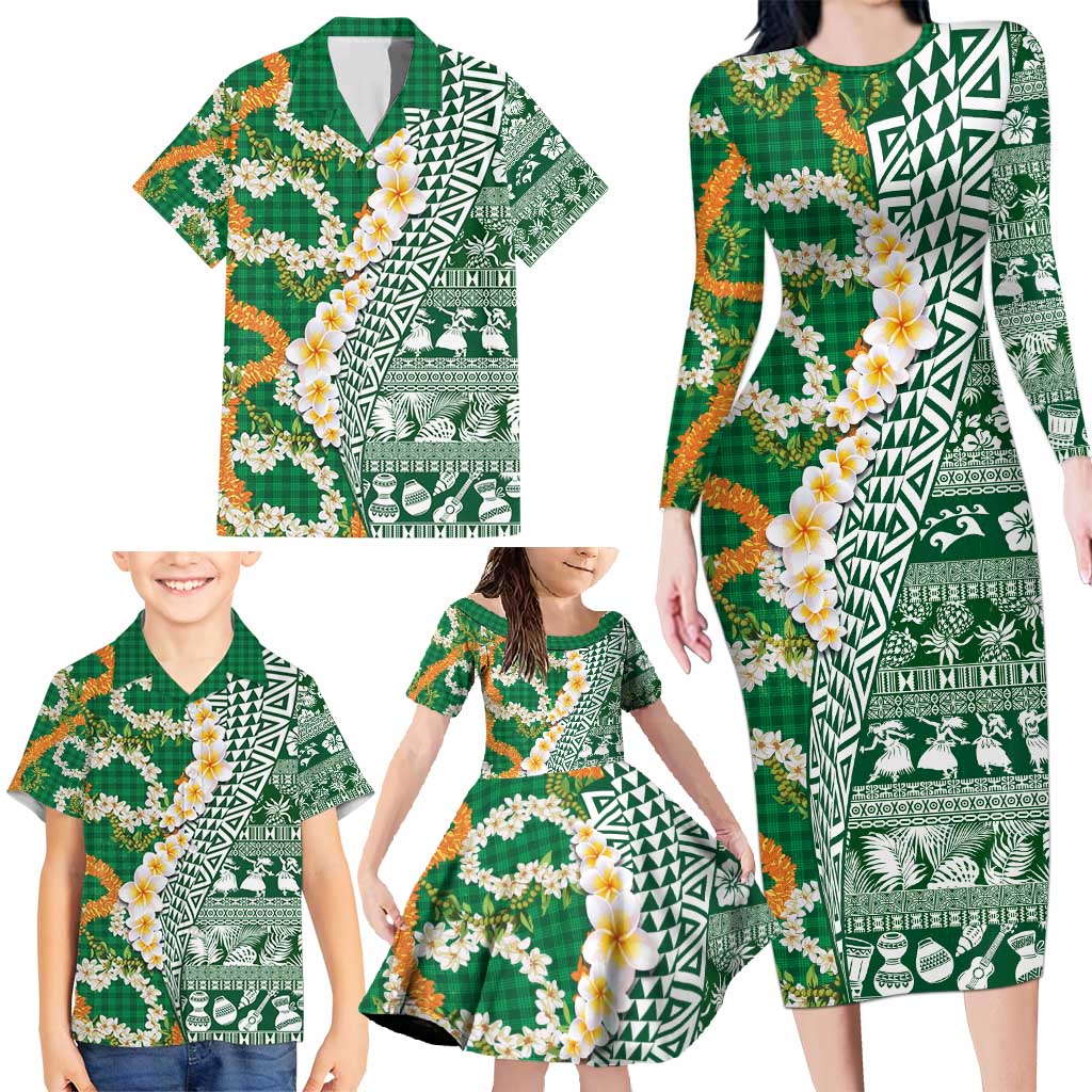 Hawaiian Plumeria Lei Family Matching Long Sleeve Bodycon Dress and Hawaiian Shirt Kakau Motifs and Palaka Half Style Green Color - Polynesian Pride