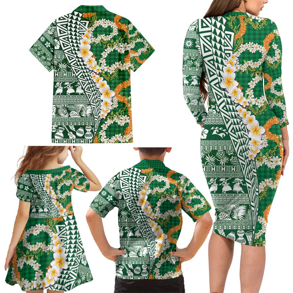 Hawaiian Plumeria Lei Family Matching Long Sleeve Bodycon Dress and Hawaiian Shirt Kakau Motifs and Palaka Half Style Green Color - Polynesian Pride