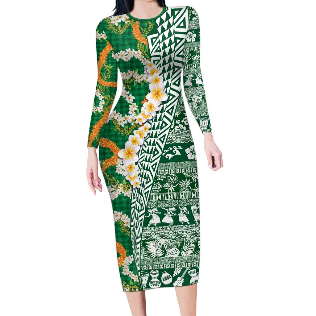 Hawaiian Plumeria Lei Family Matching Long Sleeve Bodycon Dress and Hawaiian Shirt Kakau Motifs and Palaka Half Style Green Color - Polynesian Pride