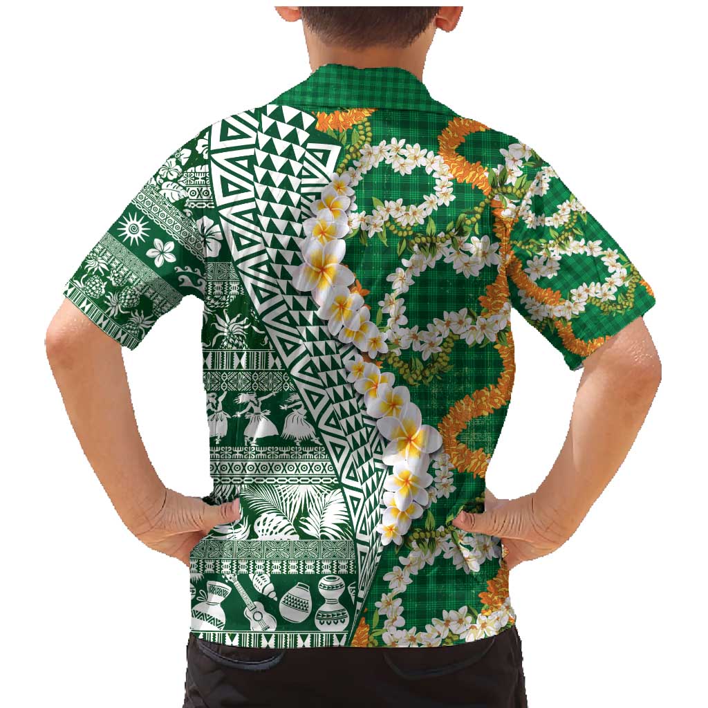 Hawaiian Plumeria Lei Family Matching Mermaid Dress and Hawaiian Shirt Kakau Motifs and Palaka Half Style Green Color - Polynesian Pride
