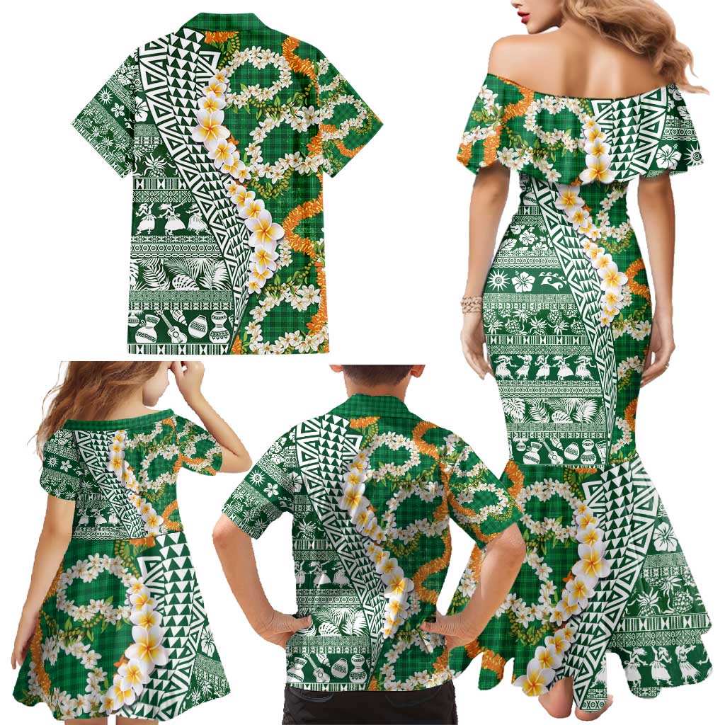 Hawaiian Plumeria Lei Family Matching Mermaid Dress and Hawaiian Shirt Kakau Motifs and Palaka Half Style Green Color - Polynesian Pride