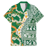 Hawaiian Plumeria Lei Family Matching Mermaid Dress and Hawaiian Shirt Kakau Motifs and Palaka Half Style Green Color - Polynesian Pride