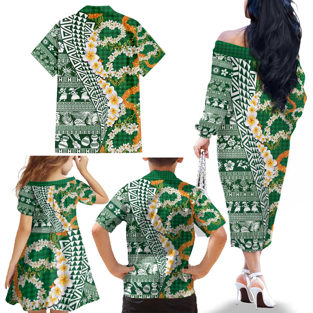 Hawaiian Plumeria Lei Family Matching Off The Shoulder Long Sleeve Dress and Hawaiian Shirt Kakau Motifs and Palaka Half Style Green Color - Polynesian Pride
