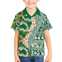 Hawaiian Plumeria Lei Family Matching Off The Shoulder Long Sleeve Dress and Hawaiian Shirt Kakau Motifs and Palaka Half Style Green Color - Polynesian Pride