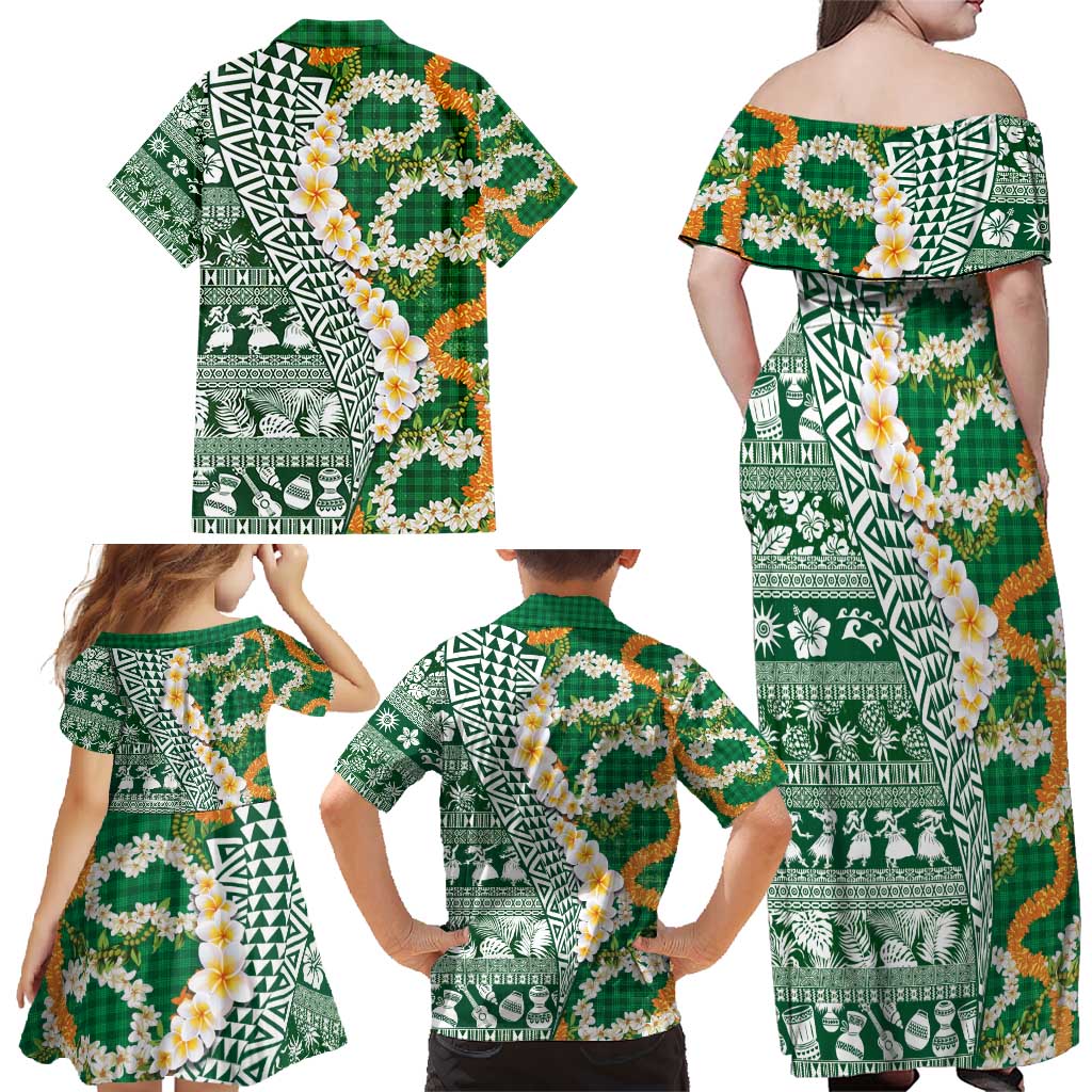 Hawaiian Plumeria Lei Family Matching Off Shoulder Maxi Dress and Hawaiian Shirt Kakau Motifs and Palaka Half Style Green Color - Polynesian Pride