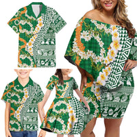 Hawaiian Plumeria Lei Family Matching Off Shoulder Short Dress and Hawaiian Shirt Kakau Motifs and Palaka Half Style Green Color - Polynesian Pride