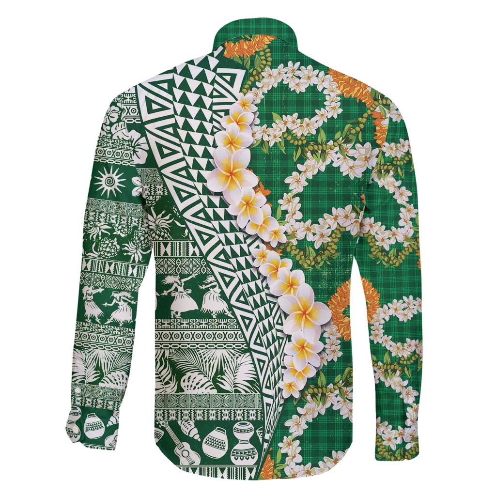 Hawaiian Plumeria Lei Family Matching Off Shoulder Short Dress and Hawaiian Shirt Kakau Motifs and Palaka Half Style Green Color - Polynesian Pride