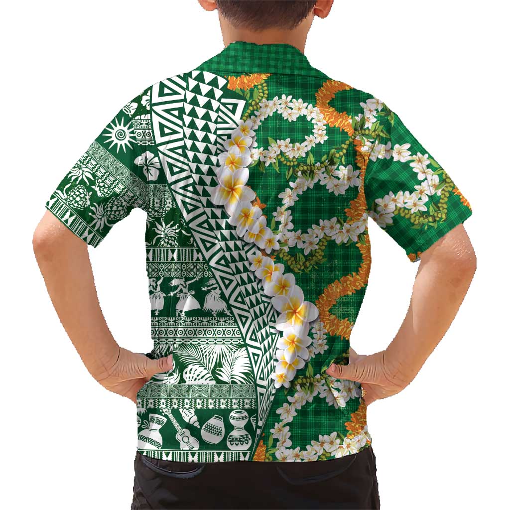 Hawaiian Plumeria Lei Family Matching Puletasi and Hawaiian Shirt Kakau Motifs and Palaka Half Style Green Color - Polynesian Pride