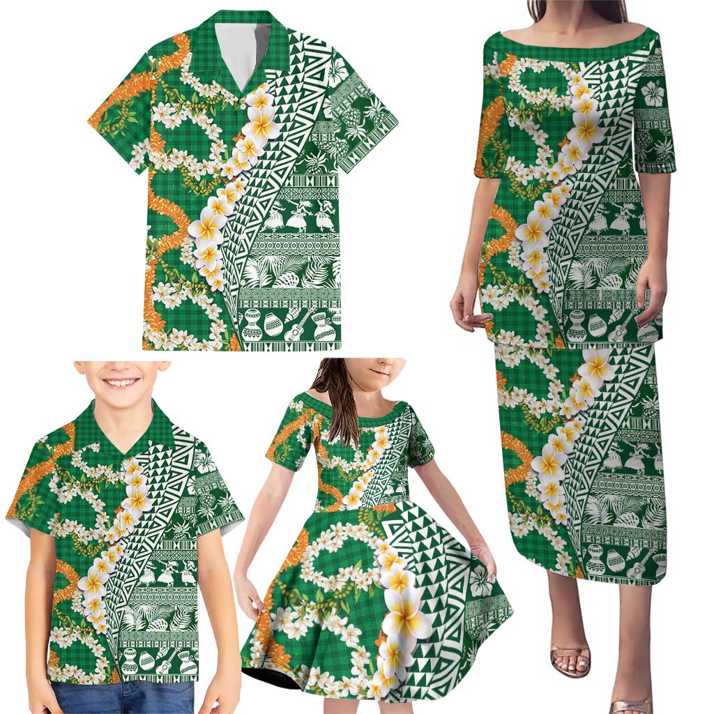 Hawaiian Plumeria Lei Family Matching Puletasi and Hawaiian Shirt Kakau Motifs and Palaka Half Style Green Color - Polynesian Pride
