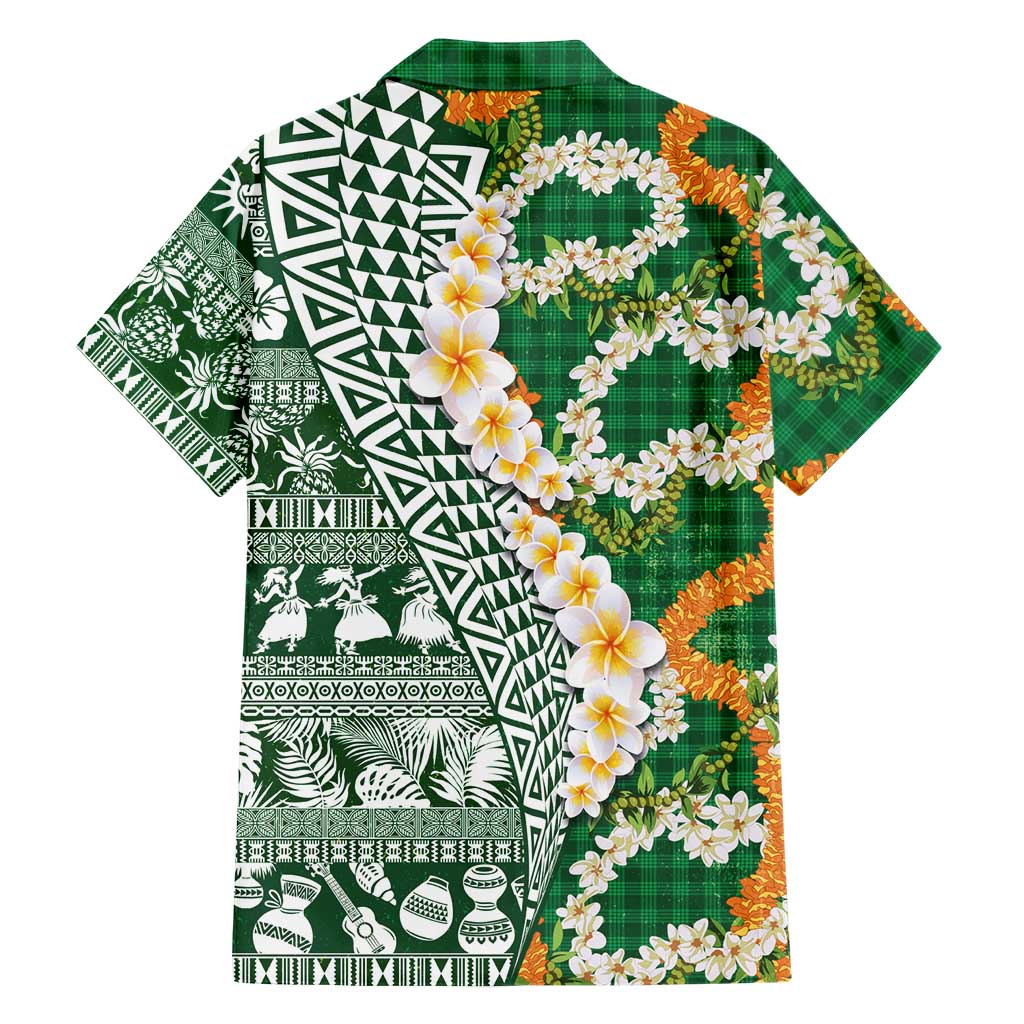 Hawaiian Plumeria Lei Family Matching Puletasi and Hawaiian Shirt Kakau Motifs and Palaka Half Style Green Color - Polynesian Pride