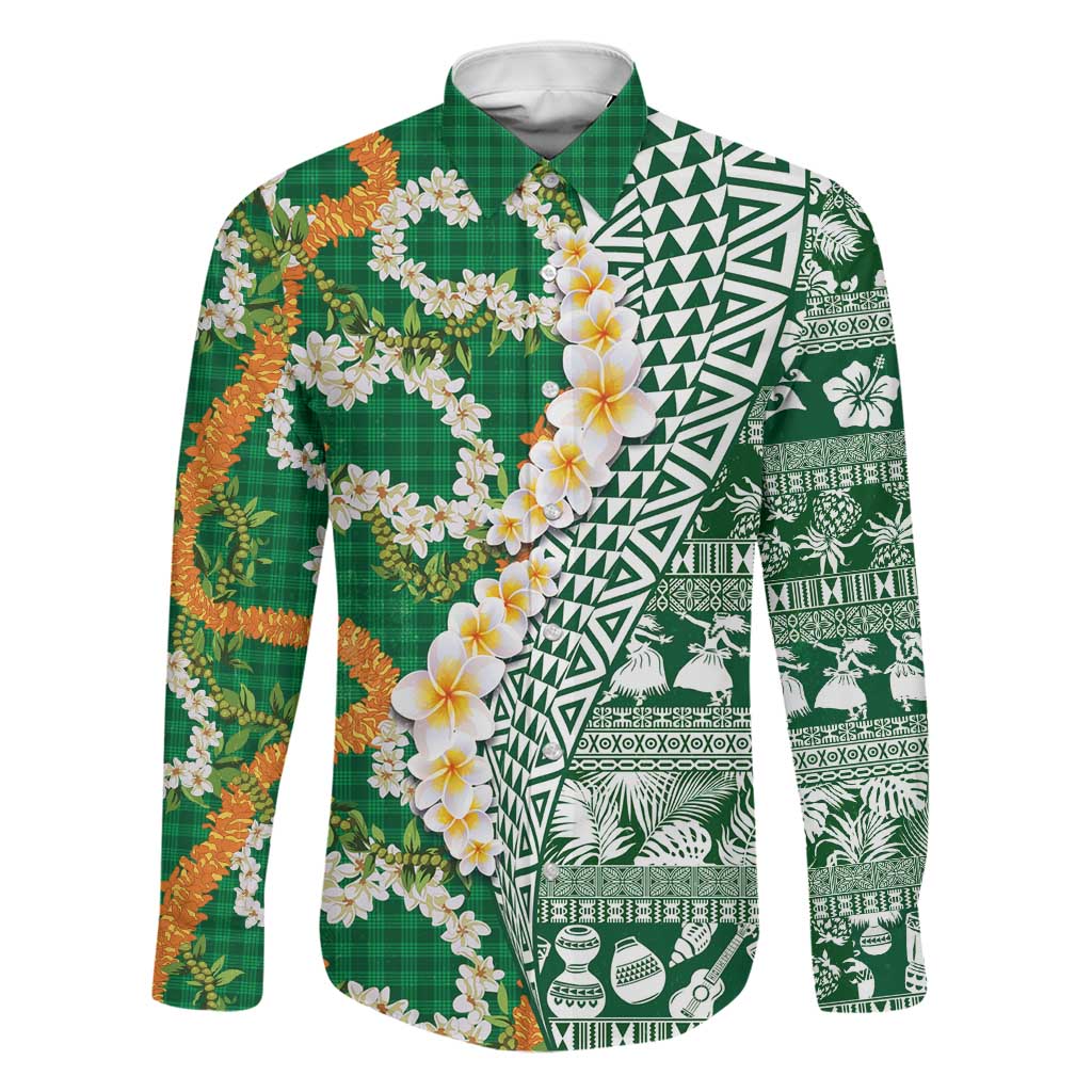 Hawaiian Plumeria Lei Family Matching Puletasi and Hawaiian Shirt Kakau Motifs and Palaka Half Style Green Color - Polynesian Pride