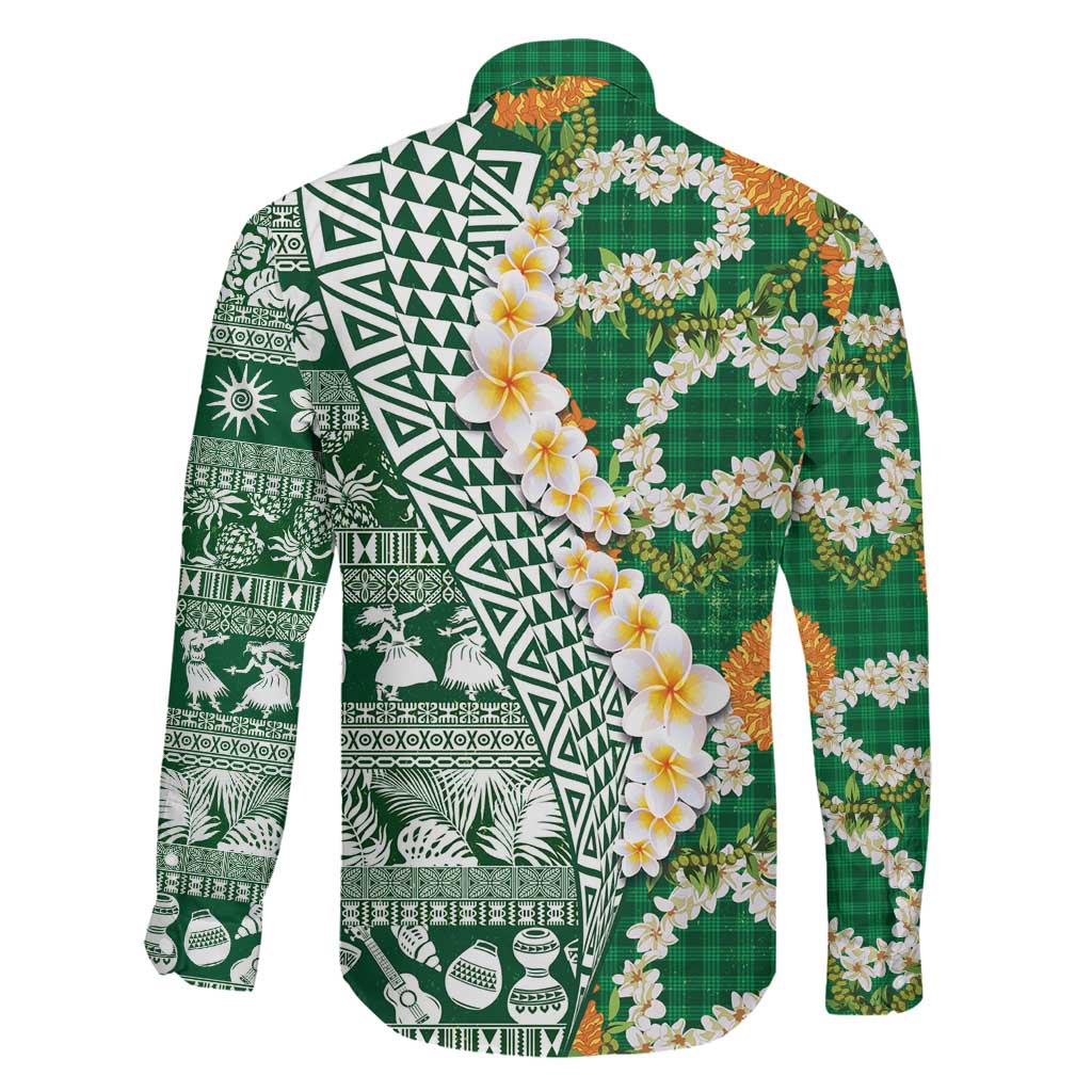 Hawaiian Plumeria Lei Family Matching Puletasi and Hawaiian Shirt Kakau Motifs and Palaka Half Style Green Color - Polynesian Pride