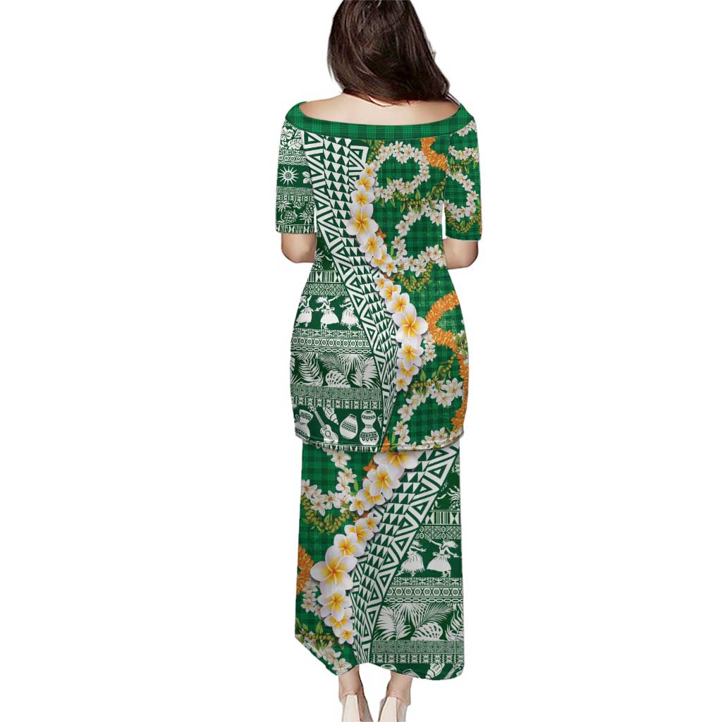 Hawaiian Plumeria Lei Family Matching Puletasi and Hawaiian Shirt Kakau Motifs and Palaka Half Style Green Color - Polynesian Pride