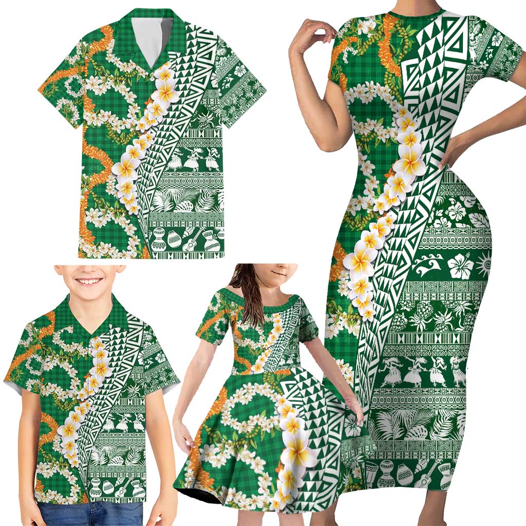 Hawaiian Plumeria Lei Family Matching Short Sleeve Bodycon Dress and Hawaiian Shirt Kakau Motifs and Palaka Half Style Green Color - Polynesian Pride