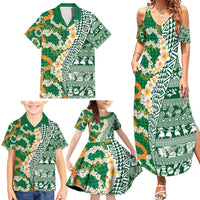 Hawaiian Plumeria Lei Family Matching Summer Maxi Dress and Hawaiian Shirt Kakau Motifs and Palaka Half Style Green Color - Polynesian Pride