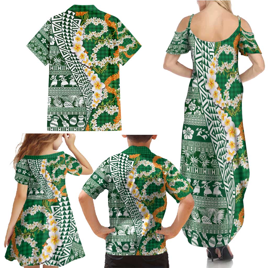 Hawaiian Plumeria Lei Family Matching Summer Maxi Dress and Hawaiian Shirt Kakau Motifs and Palaka Half Style Green Color - Polynesian Pride