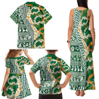 Hawaiian Plumeria Lei Family Matching Tank Maxi Dress and Hawaiian Shirt Kakau Motifs and Palaka Half Style Green Color - Polynesian Pride