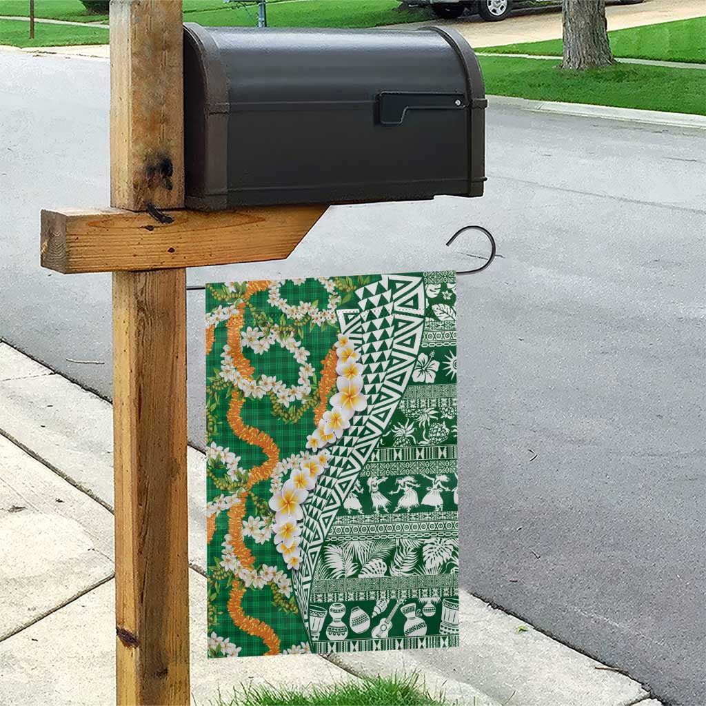 Hawaiian Plumeria Lei Garden Flag Kakau Motifs and Palaka Half Style Green Color - Polynesian Pride