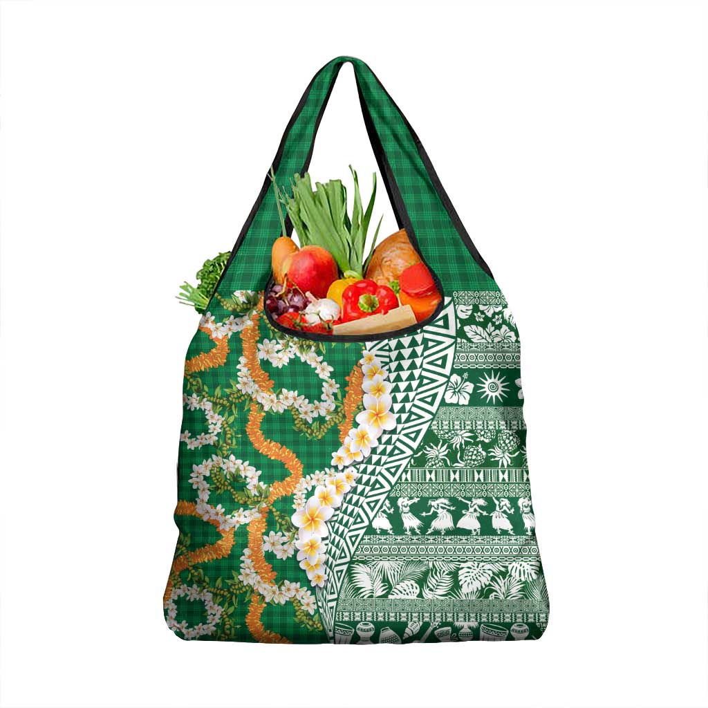 Hawaiian Plumeria Lei Grocery Bag Kakau Motifs and Palaka Half Style Green Color - Polynesian Pride