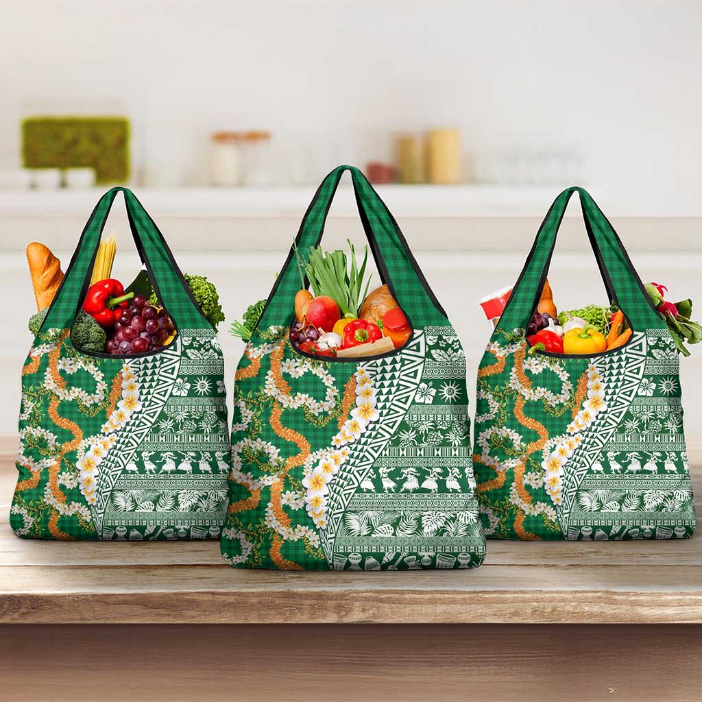 Hawaiian Plumeria Lei Grocery Bag Kakau Motifs and Palaka Half Style Green Color - Polynesian Pride