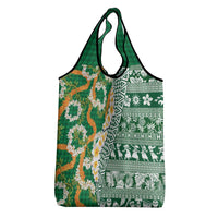 Hawaiian Plumeria Lei Grocery Bag Kakau Motifs and Palaka Half Style Green Color - Polynesian Pride