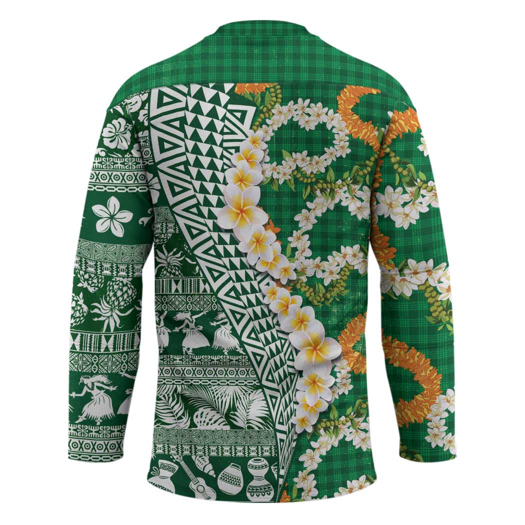 Hawaiian Plumeria Lei Hockey Jersey Kakau Motifs and Palaka Half Style Green Color - Polynesian Pride