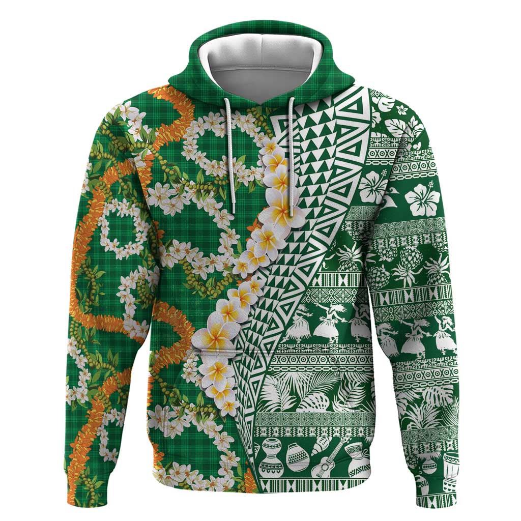 Hawaiian Plumeria Lei Hoodie Kakau Motifs and Palaka Half Style Green Color - Polynesian Pride