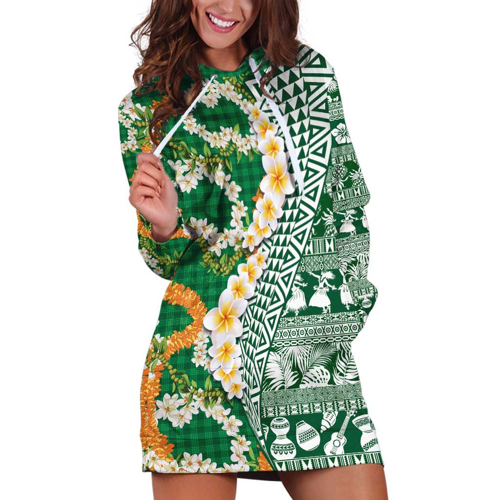 Hawaiian Plumeria Lei Hoodie Dress Kakau Motifs and Palaka Half Style Green Color - Polynesian Pride