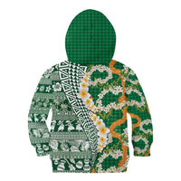 Hawaiian Plumeria Lei Kid Hoodie Kakau Motifs and Palaka Half Style Green Color - Polynesian Pride