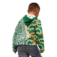 Hawaiian Plumeria Lei Kid Hoodie Kakau Motifs and Palaka Half Style Green Color - Polynesian Pride