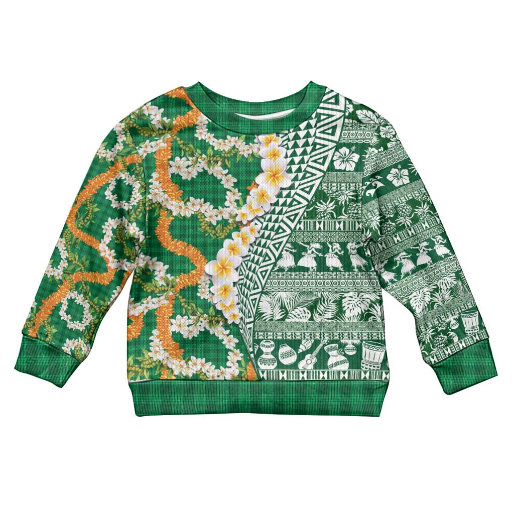 Hawaiian Plumeria Lei Kid Ugly Christmas Sweater Kakau Motifs and Palaka Half Style Green Color - Polynesian Pride