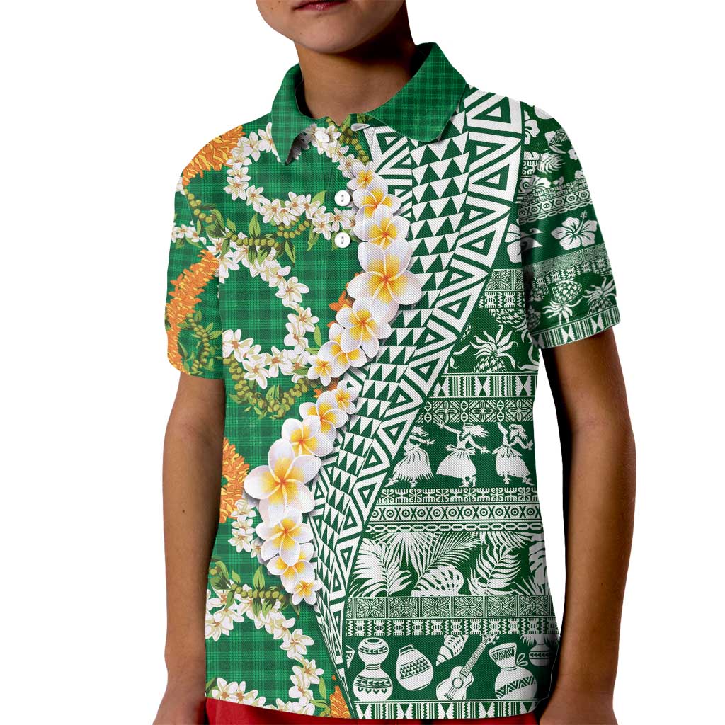 Hawaiian Plumeria Lei Kid Polo Shirt Kakau Motifs and Palaka Half Style Green Color - Polynesian Pride