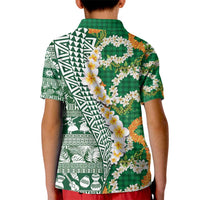 Hawaiian Plumeria Lei Kid Polo Shirt Kakau Motifs and Palaka Half Style Green Color - Polynesian Pride