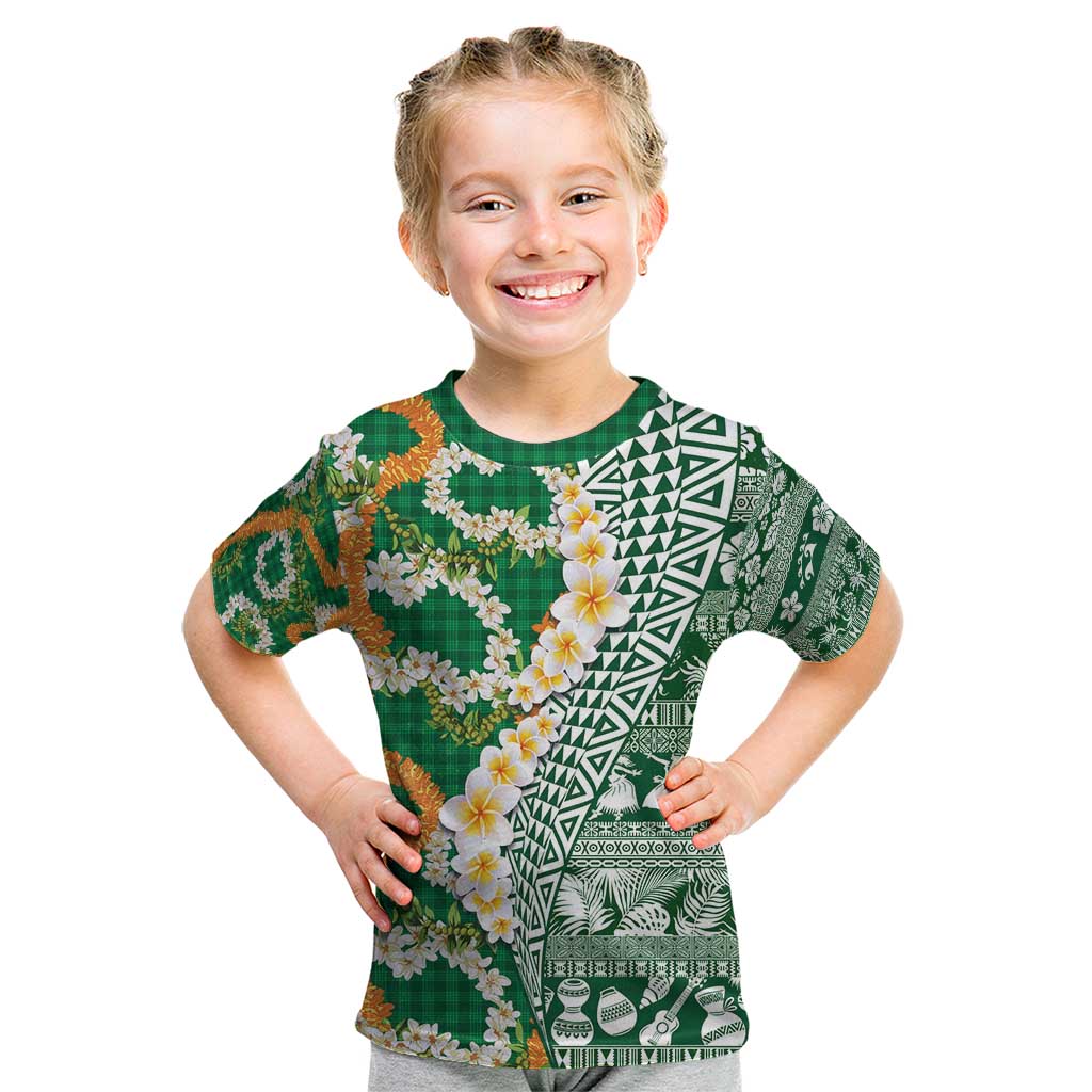 Hawaiian Plumeria Lei Kid T Shirt Kakau Motifs and Palaka Half Style Green Color - Polynesian Pride