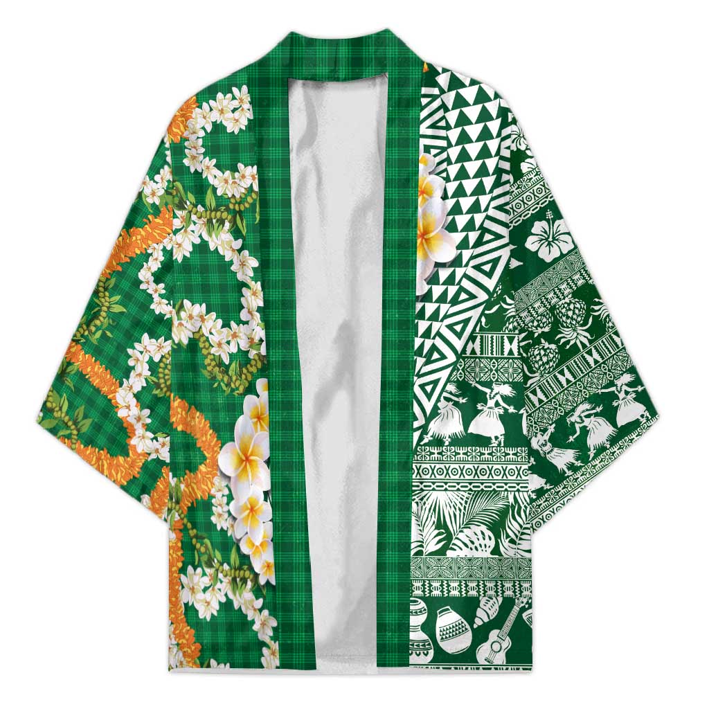 Hawaiian Plumeria Lei Kimono Kakau Motifs and Palaka Half Style Green Color - Polynesian Pride