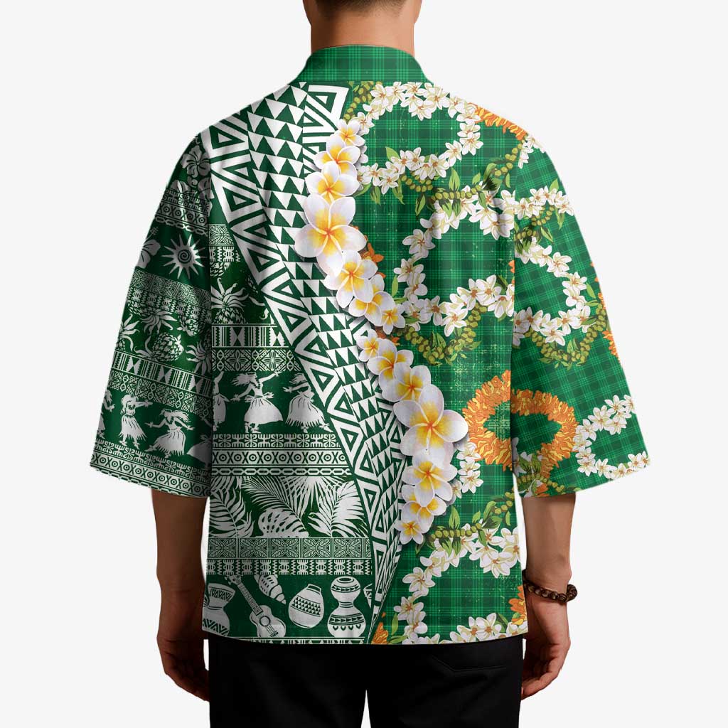 Hawaiian Plumeria Lei Kimono Kakau Motifs and Palaka Half Style Green Color - Polynesian Pride