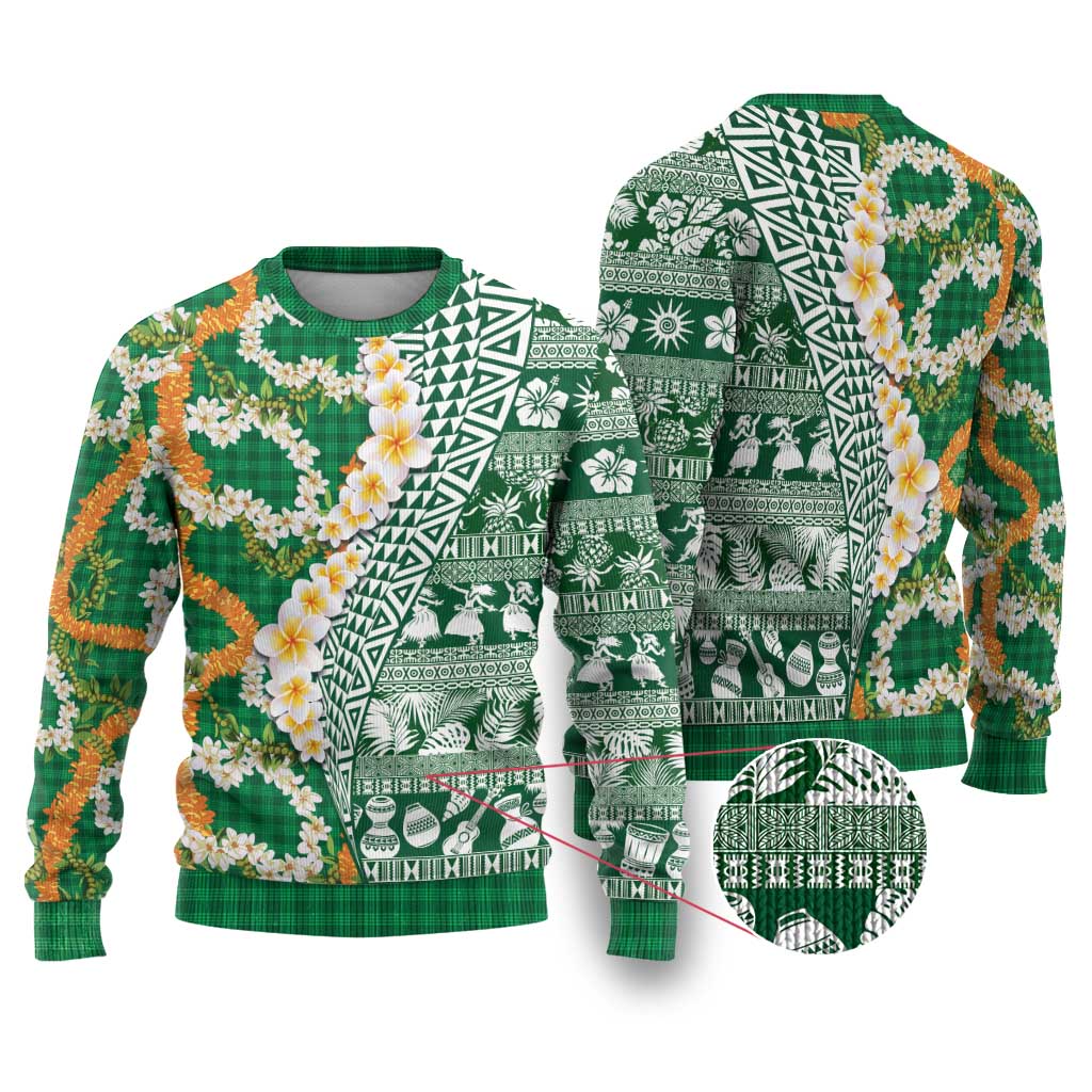 Hawaiian Plumeria Lei Ugly Christmas Sweater Kakau Motifs and Palaka Half Style Green Color - Polynesian Pride