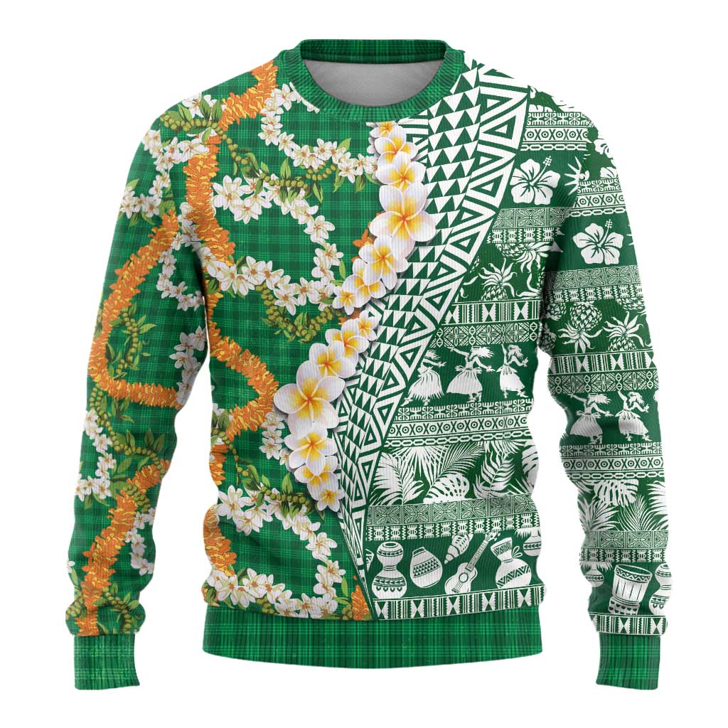 Hawaiian Plumeria Lei Ugly Christmas Sweater Kakau Motifs and Palaka Half Style Green Color - Polynesian Pride