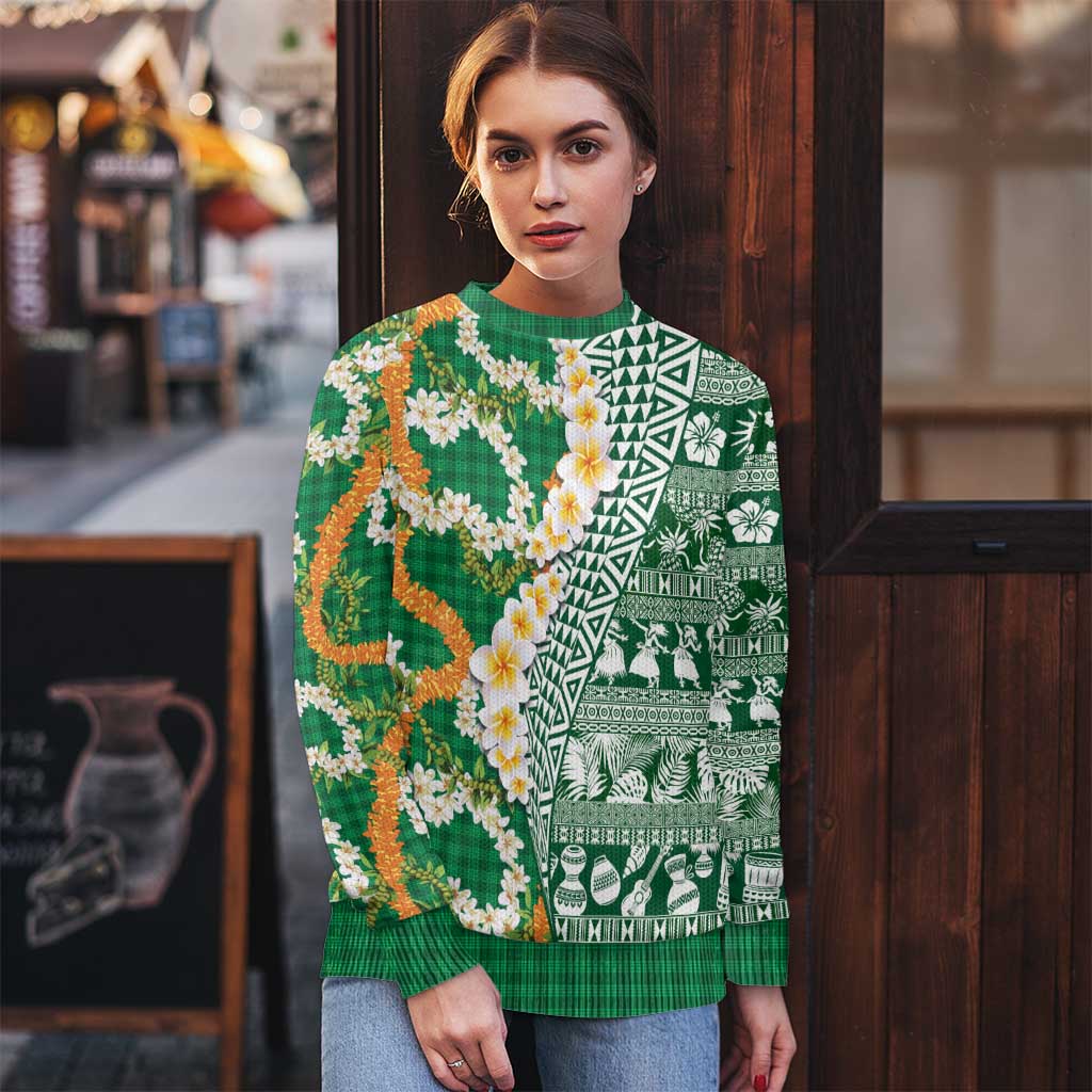 Hawaiian Plumeria Lei Ugly Christmas Sweater Kakau Motifs and Palaka Half Style Green Color - Polynesian Pride