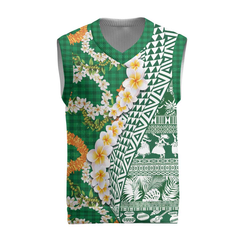 Hawaiian Plumeria Lei Christmas Knitted V-Neck Vest Kakau Motifs and Palaka Half Style Green Color - Polynesian Pride