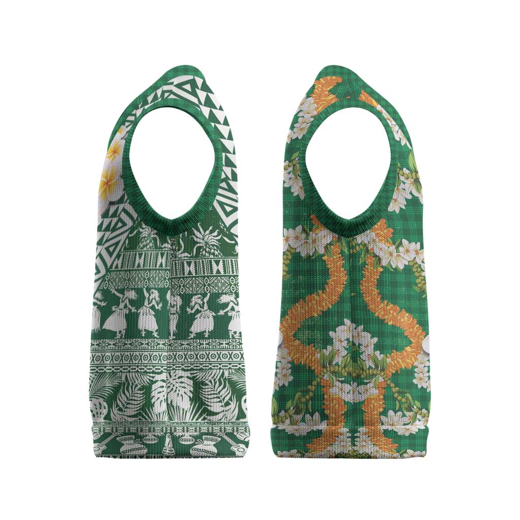 Hawaiian Plumeria Lei Christmas Knitted V-Neck Vest Kakau Motifs and Palaka Half Style Green Color - Polynesian Pride