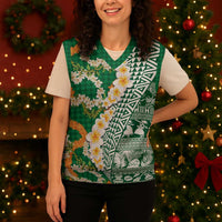 Hawaiian Plumeria Lei Christmas Knitted V-Neck Vest Kakau Motifs and Palaka Half Style Green Color - Polynesian Pride